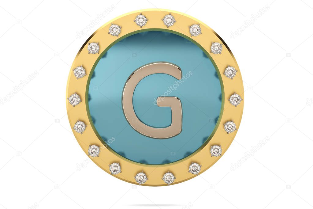 Golden and diamond framed with alphabet G on white background.3D