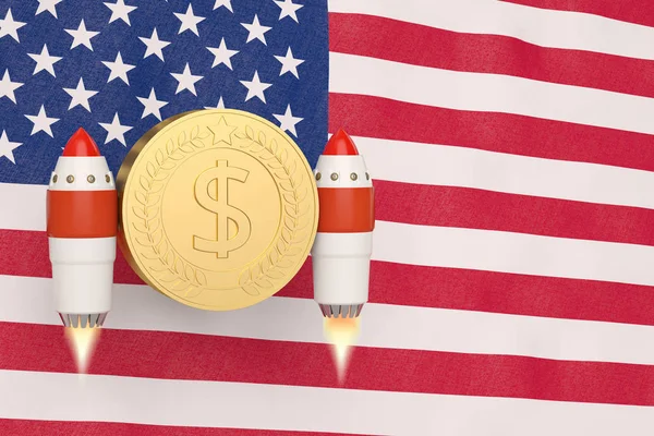 Американский флаг, дующий на ветру и золотую монету ракет.3D иллюстрация — стоковое фото