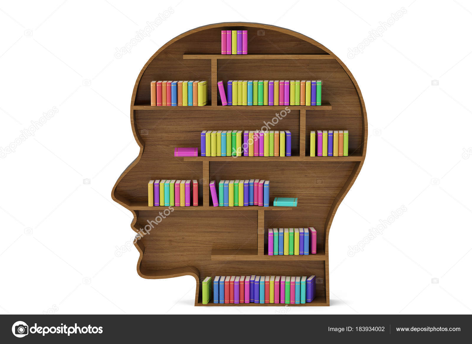 Head Side Shaped Bookshelf And Colorful Book Stacks On White Bac