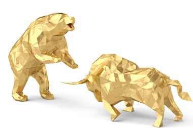 Golden bull with bear on a white background 3d illustration. clipart