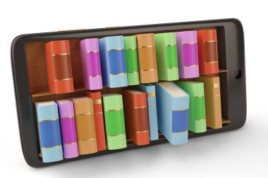 Hareket eden telefon ile bookshelf e kitap kitaplık konsept 3d illustrati