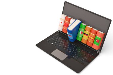 Dizüstü bilgisayar ve kitap dil öğrenmek ve eğitim con çevirmek