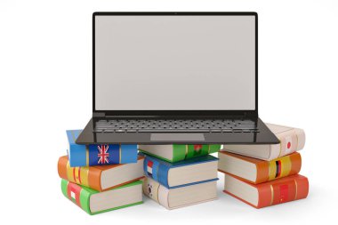 Dizüstü bilgisayar ve kitap dil öğrenmek ve eğitim con çevirmek