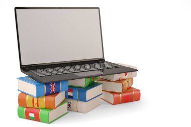 Dizüstü bilgisayar ve kitap dil öğrenmek ve eğitim con çevirmek