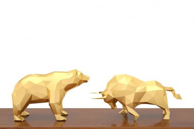 Altın boğa ve ahşap tahta 3d çizim ayı.