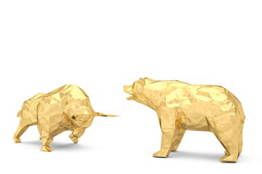 Altın boğa ve beyaz arka plan 3d çizim ayı.