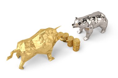 Golden bull with silver bear and coin stacks on a white backgrou clipart