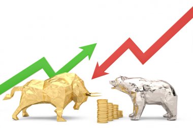 Golden bull with silver bear and graph on a white background 3d  clipart
