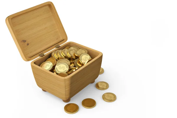 Gouden munten op houten box.3d afbeelding. — Stockfoto