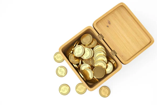 Gouden munten op houten box.3d afbeelding. — Stockfoto