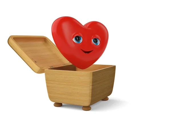 Coração de desenhos animados na caixa de madeira.Ilustração 3D . — Fotografia de Stock