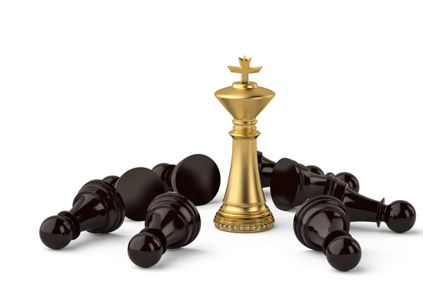 Lyxiga schack gold king och svarta bönder på vit background.3d il — Stockfoto