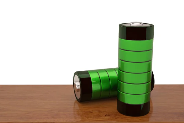 Batteria verde su tavola di legno illustrazione 3d . — Foto Stock