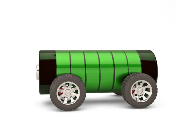 Ηλεκτρικό αυτοκίνητο έννοιας μπαταρία στις ρόδες με το επίπεδο φόρτισης σε ένα w — Φωτογραφία Αρχείου