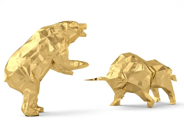 Touro dourado com urso em um fundo branco ilustração 3d . — Fotografia de Stock