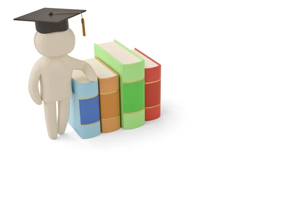 Een mortarboard op man teken en boeken 3d illustratie. — Stockfoto