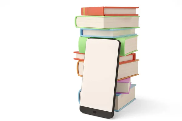 Мобильный телефон и книжные стопки 3d иллюстрации . — стоковое фото