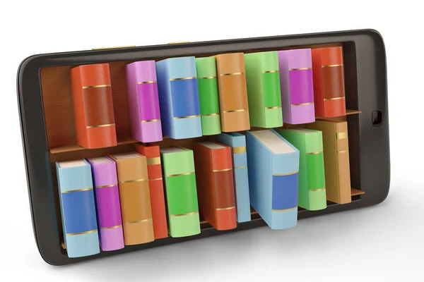 Мобильный телефон с книжной полкой электронная библиотека концепции 3D иллюстрации — стоковое фото
