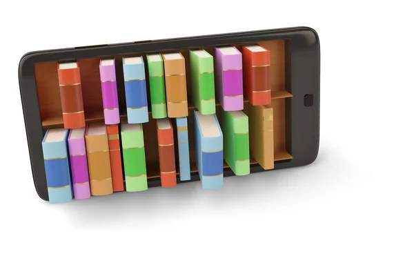 Cellulare con libreria e libreria concept 3d illustrati — Foto Stock