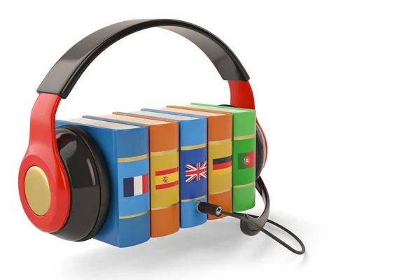 Изучение языков онлайн аудиокниги концепт-книги и наушники — стоковое фото