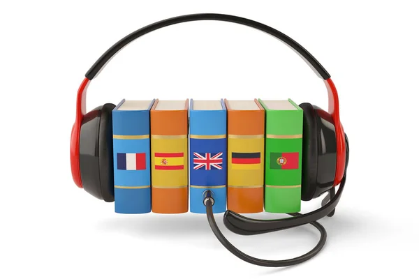 Lära sig språk online ljudböcker konceptet böcker och hörlurar — Stockfoto
