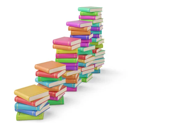 Bunte Bücherstapel auf weißem Hintergrund. 3D-Illustration — Stockfoto