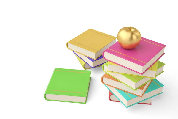 金苹果在一堆书上被隔离在白色背景上. 3 d 病 — 图库照片