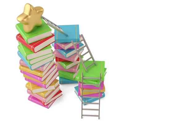 Stella su pile di libri con scale, illustrazione 3D . — Foto Stock