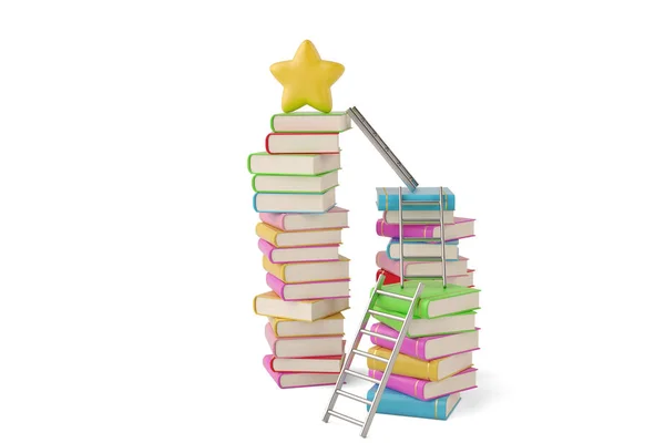 Stella su pile di libri con scale, illustrazione 3D . — Foto Stock