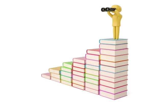 Eine Figur, die ein Fernglas auf Bücher hält, 3D-Illustration. — Stockfoto