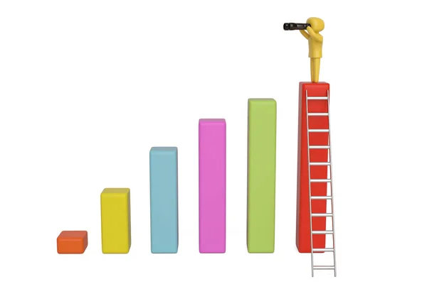 Een teken met een verrekijker op grafiek en ladders, 3D-afb — Stockfoto