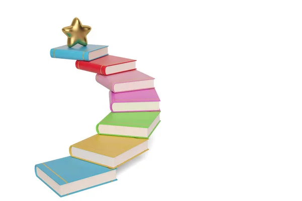 Golden Star on colorful book stairs, 3D illustration . — стоковое фото