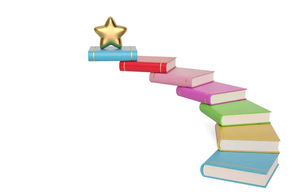 Złota gwiazda na schody kolorowe książki, ilustracja 3d. — Zdjęcie stockowe