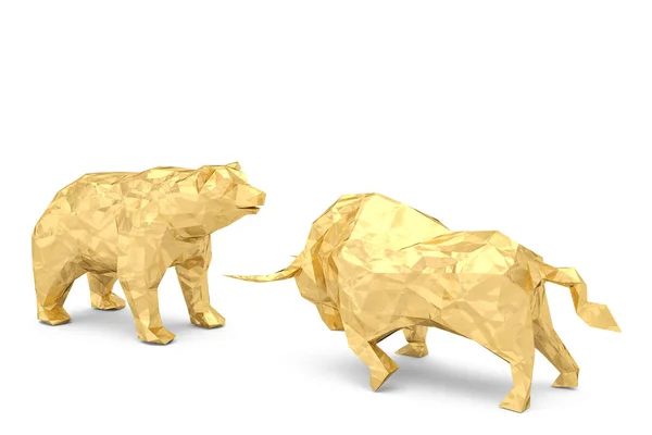 Touro dourado e urso sobre um fundo branco ilustração 3d . — Fotografia de Stock