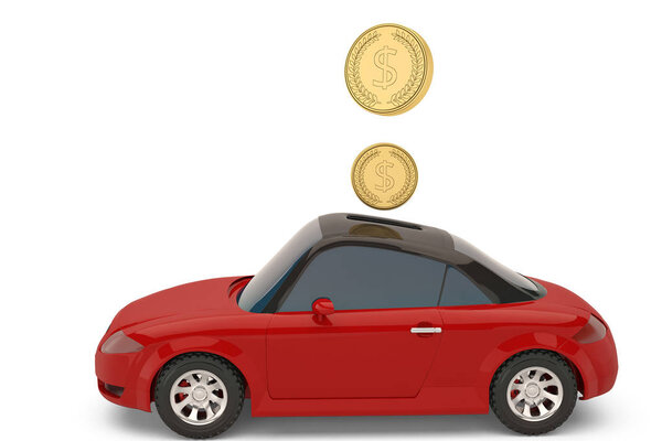 Putting gold coins in car shaped piggy bank.3D illustration.