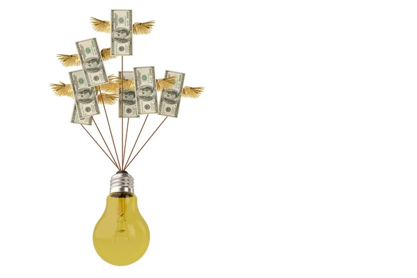 Kreativa koncept flyger dollar med stor glödlampa på vita bac — Stockfoto
