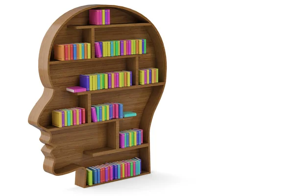 Head side shaped bookshelf and colorful book stacks on white bac — Stock Photo, Image