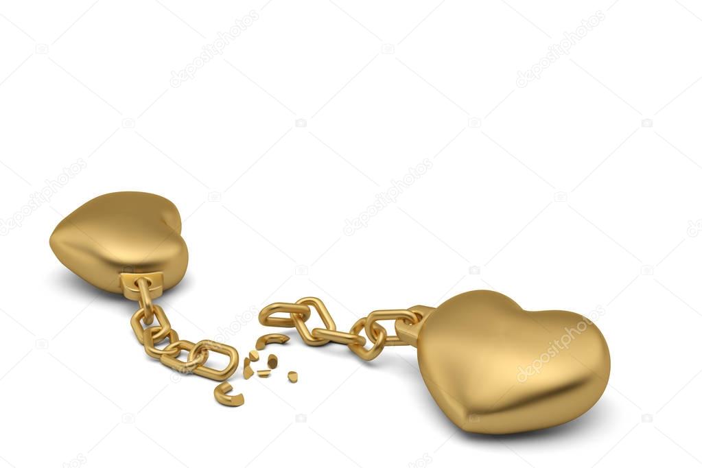 Two gold hearts with broken chains on white background.3D illust