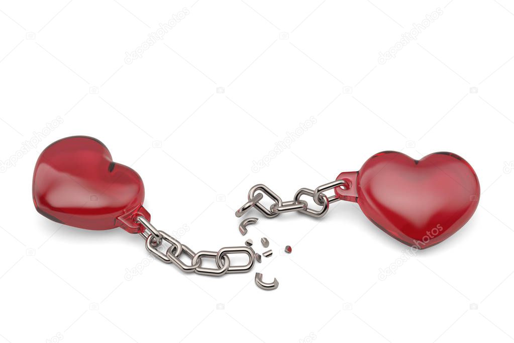 Two red hearts with broken chains on white background.3D illustr