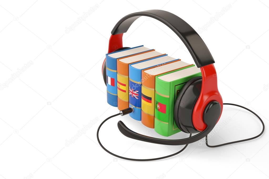 Learning languages online audiobooks concept books and headphone