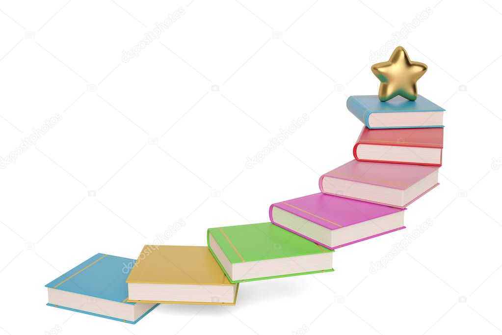 Golden Star on colorful book stairs,3D illustration.