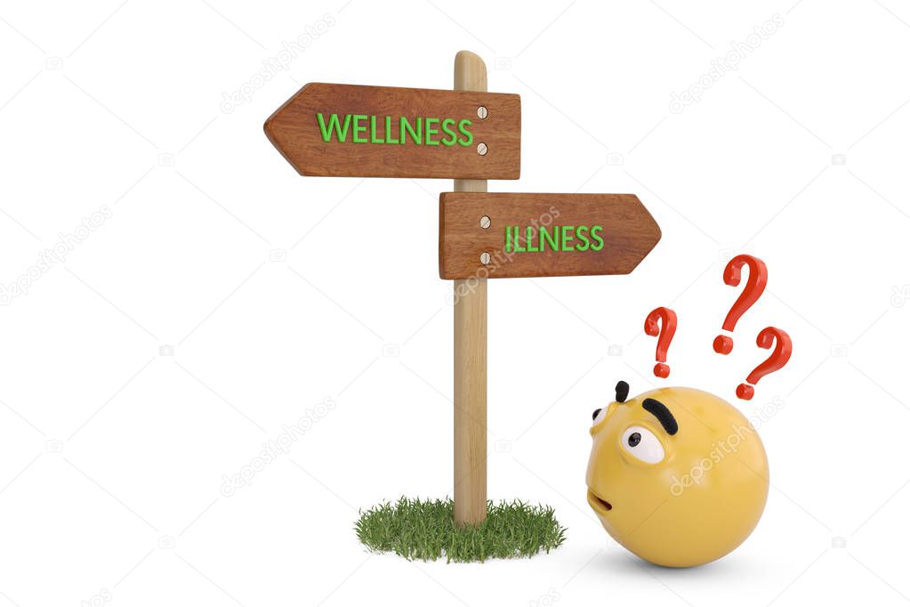 Confuse emoji wood signs wellness and illness  3d illustration.