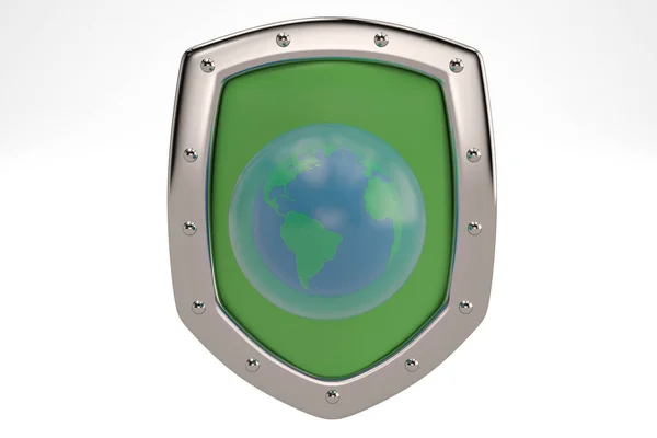Globe and shield on white background.3D illustration. — Stock Photo, Image