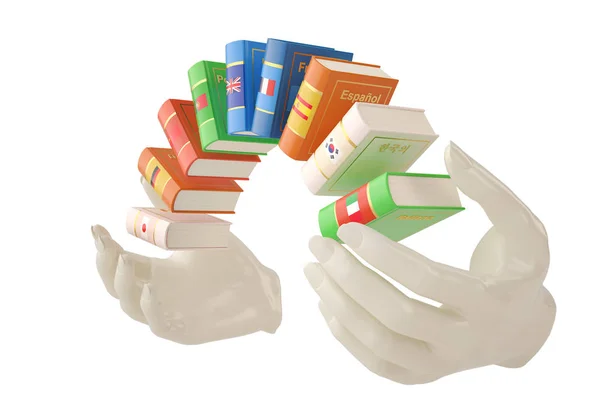 Mani e libri di lingua su sfondo bianco.Illustrazione 3D — Foto Stock