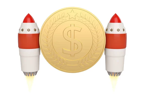 Guldmynt och raket på vit background.3d illustration — Stockfoto