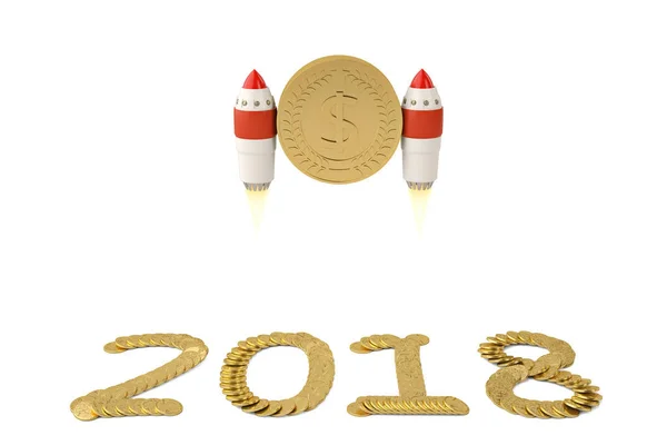2018 dalle monete d'oro e tenere moneta con razzo su bianco.3D — Foto Stock