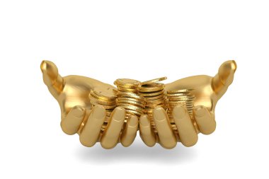 Altın eller altın tutarak tutmak paralar 3d, beyaz bir arka plan ben