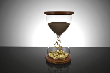 Kum saati ile siyah arka plan, 3d çizim üzerine altın sikke.