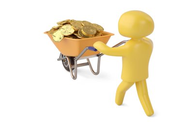 Bir el arabası ile altın coins.3d illust tam iterek bir karakter