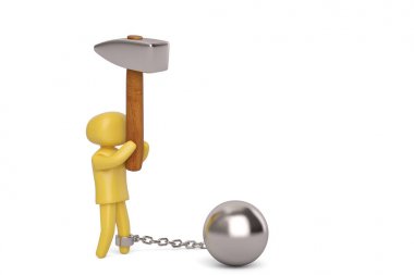 Büyük bir çekiç ve shackle.3d örnek tutan bir karakter.